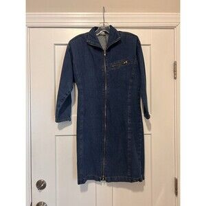 Vintage 90’s Long Sleeve Full Zip Retro Midi Blue Denim Dress Size 3 Rocker